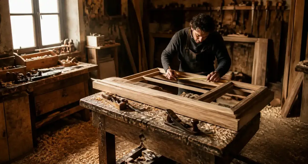 Menuisier assemblant un châssis de fenêtre dans son atelier