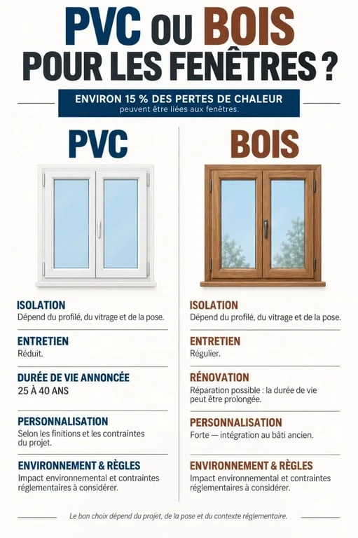 Infographie PVC ou bois pour les fenêtres : isolation, entretien, durabilité et réglementation