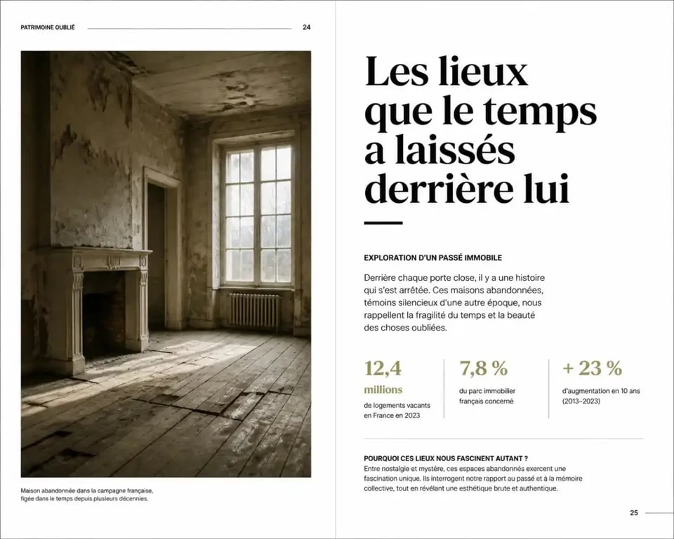 Intérieur délabré d'une maison abandonnée depuis plusieurs décennies