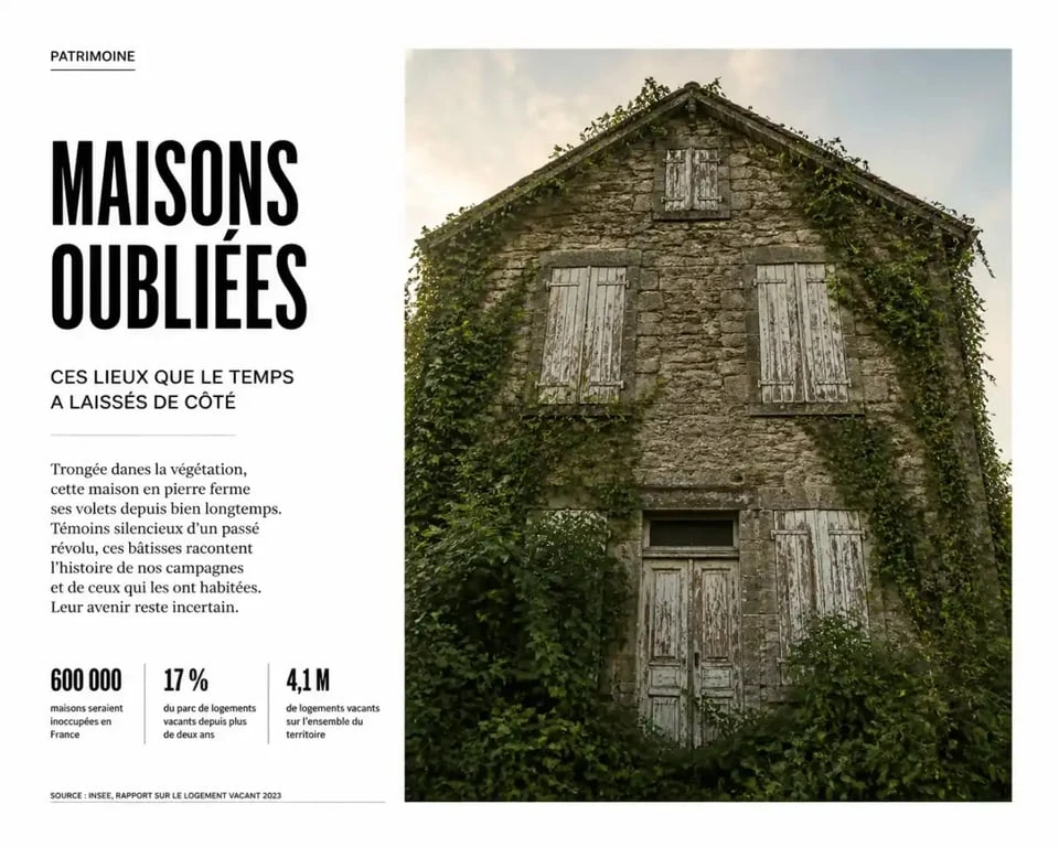 Maison abandonnée aux volets clos et façade envahie de végétation
