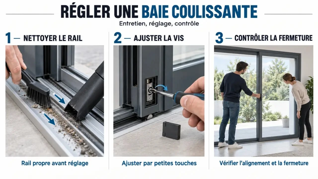 Réglage baie coulissante aluminium : nettoyage du rail et ajustement des roulettes