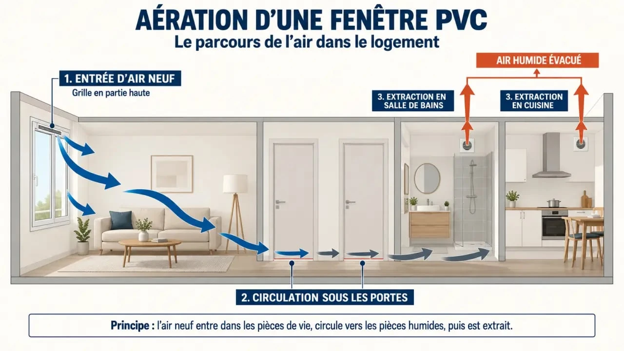 Schéma du fonctionnement d’une aération de fenêtre PVC avec circulation de l’air dans le logement