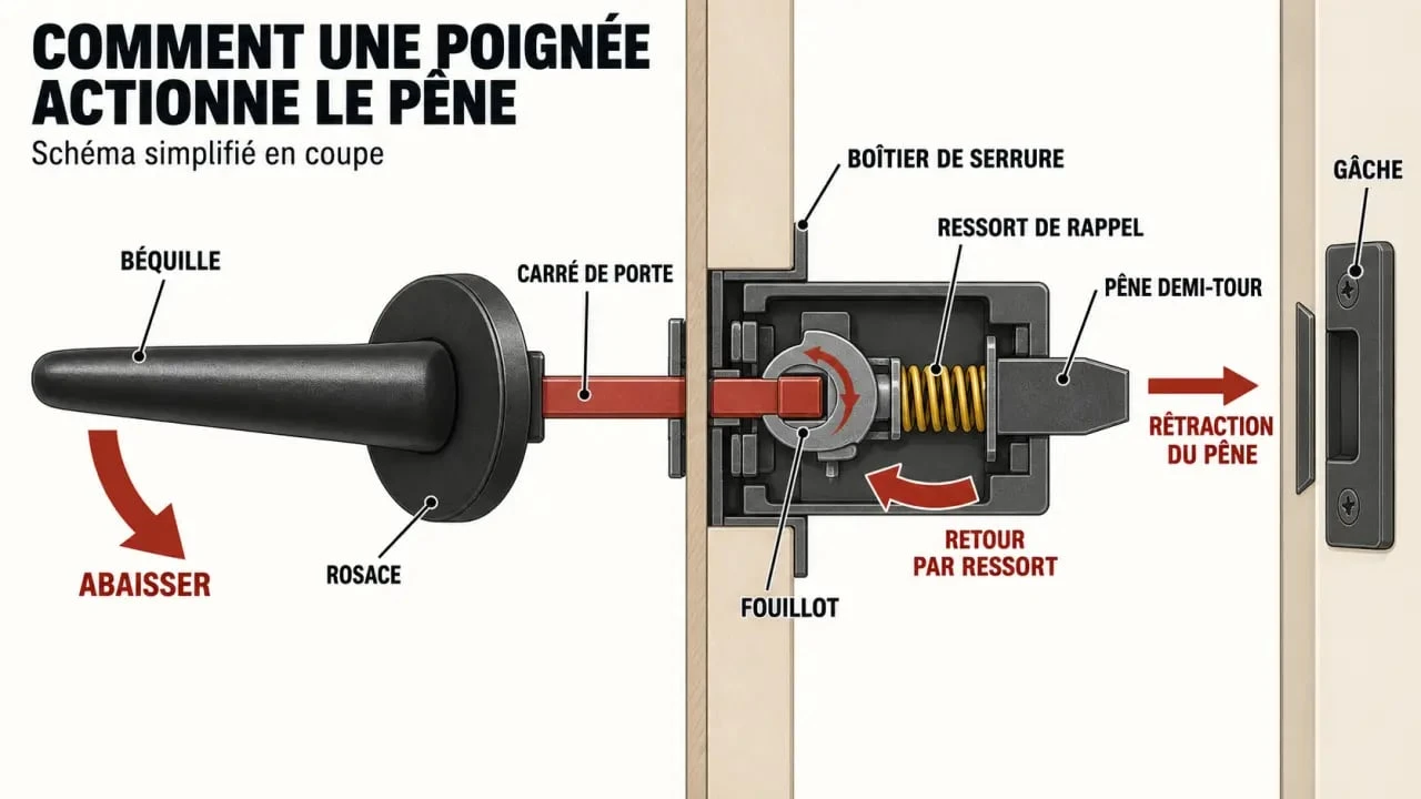 Schéma du mécanisme intérieur d'une poignée de porte avec carré, fouillot, pêne et ressort de rappel
