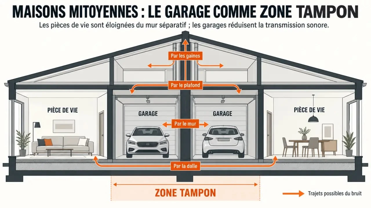 Maison mitoyenne par le garage : zone tampon et chemins de transmission du bruit