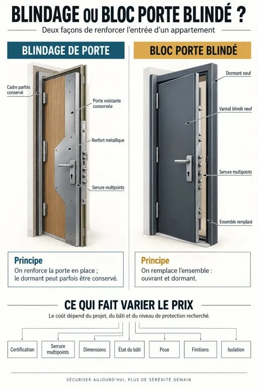 Infographie sur le prix d’une porte blindée d’appartement : blindage de porte ou bloc porte blindé