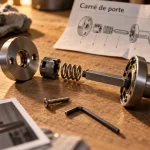 Interieur mecanisme poignee de porte : ressort ramene la bequille a l’horizontale