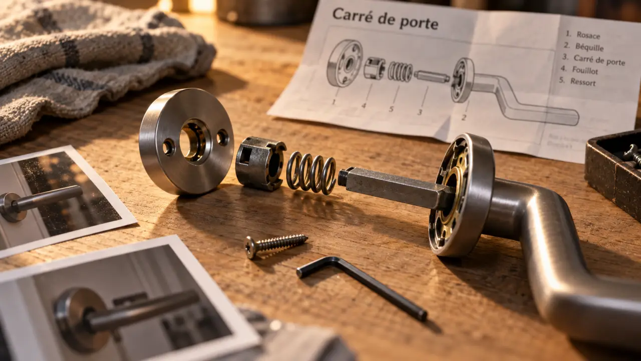 Interieur mecanisme poignee de porte : ressort ramene la bequille a l’horizontale