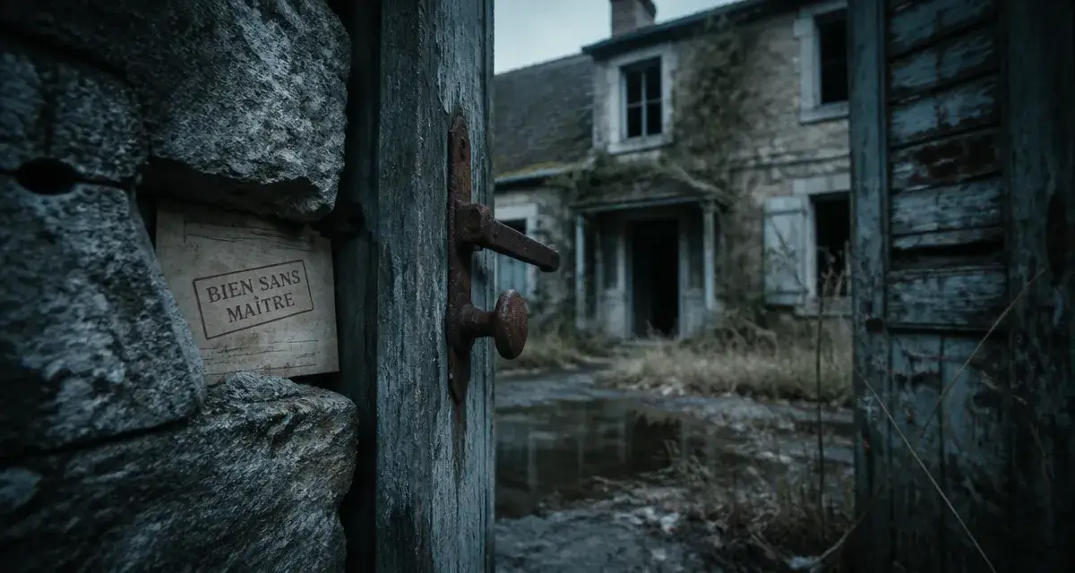 Maison abandonnée : bien sans maître, panneau lisible