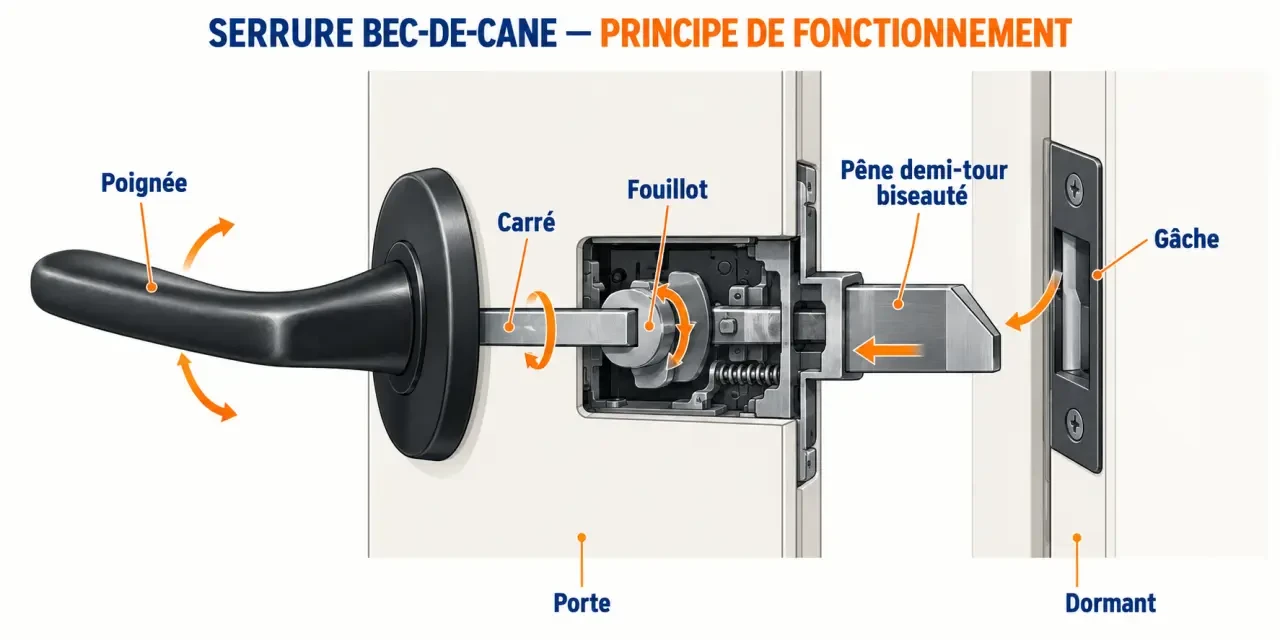 Schéma du fonctionnement d'une serrure bec-de-cane avec pêne demi-tour et gâche
