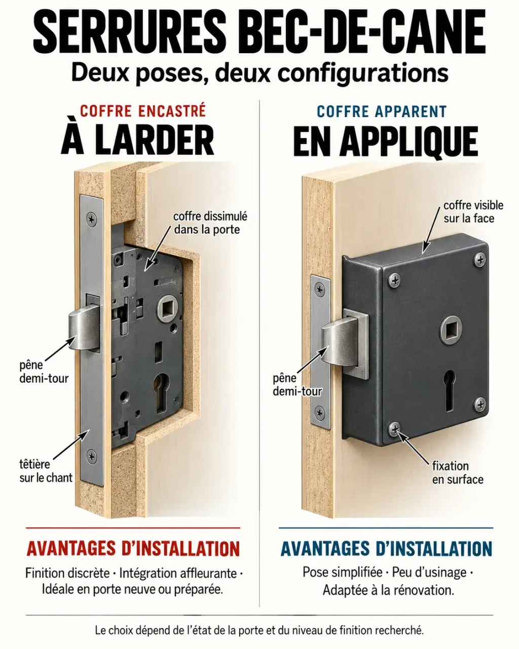 Comparaison entre serrure bec-de-cane à larder et serrure en applique